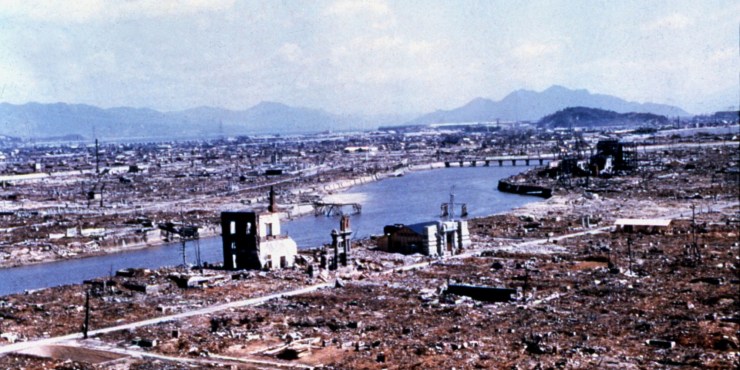 Hiroshima reduced to rubble and ruins by the atomic bomb